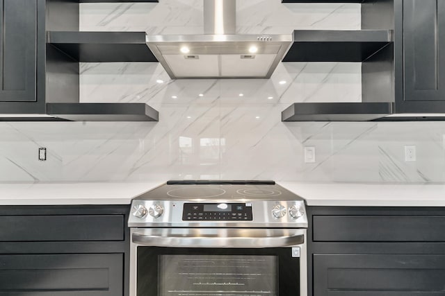 kitchen with electric stove, decorative backsplash, and exhaust hood