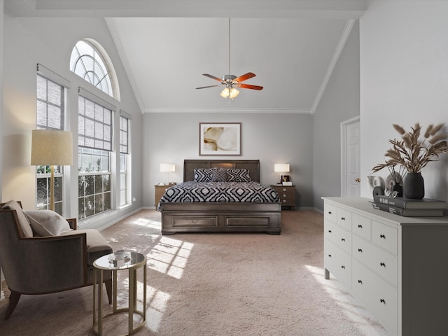 bedroom featuring high vaulted ceiling, ornamental molding, and light colored carpet