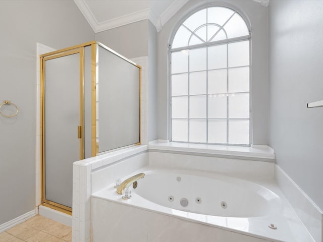 bathroom with crown molding, a healthy amount of sunlight, independent shower and bath, and tile patterned flooring