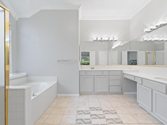 bathroom with crown molding, vanity, plus walk in shower, and tile patterned flooring