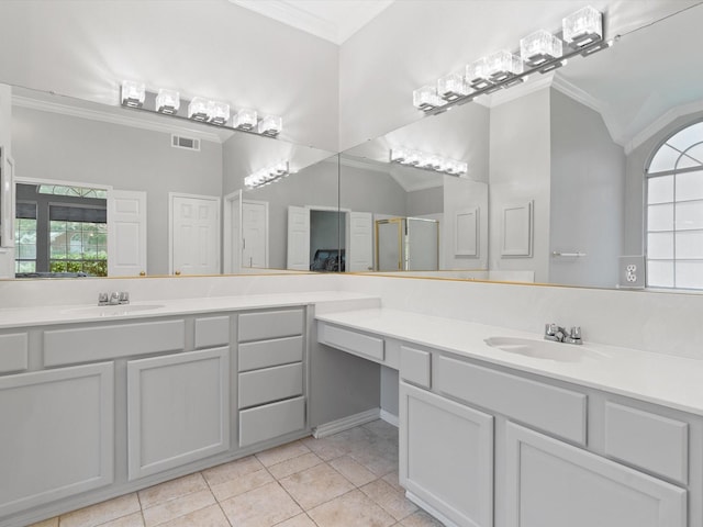 bathroom featuring an enclosed shower, a wealth of natural light, and ornamental molding