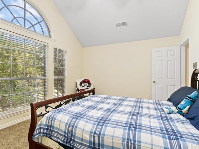 bedroom with vaulted ceiling and carpet floors