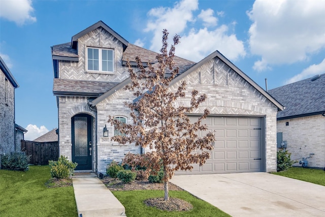 view of front of home with a garage and a front lawn