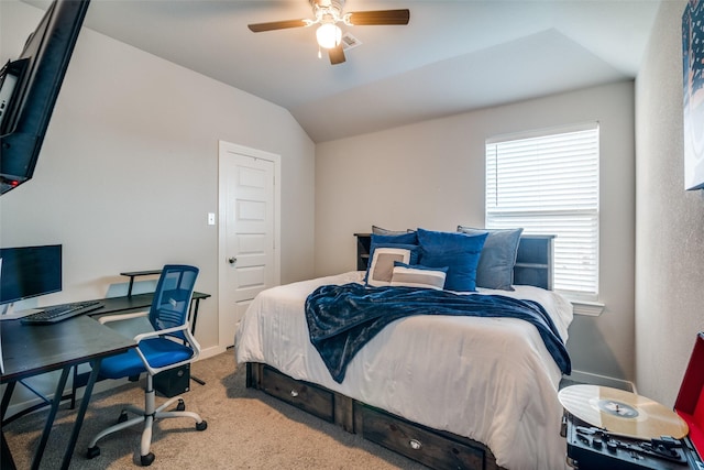 bedroom featuring carpet floors, ceiling fan, and vaulted ceiling