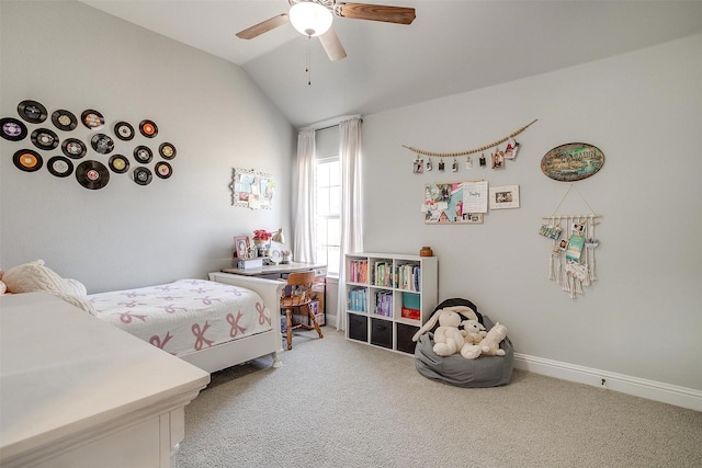 bedroom featuring carpet floors, ceiling fan, and vaulted ceiling