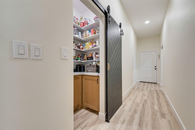 hall with a barn door and light hardwood / wood-style flooring