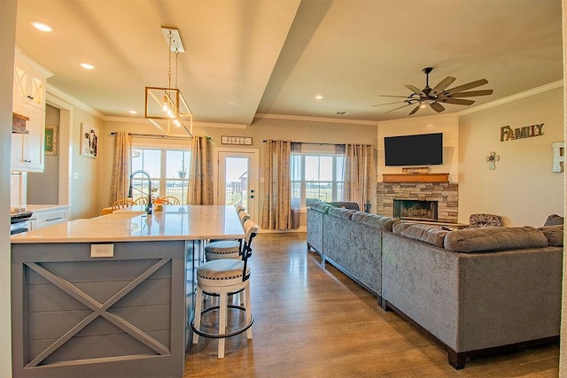 living room featuring a stone fireplace, sink, ornamental molding, dark hardwood / wood-style floors, and ceiling fan