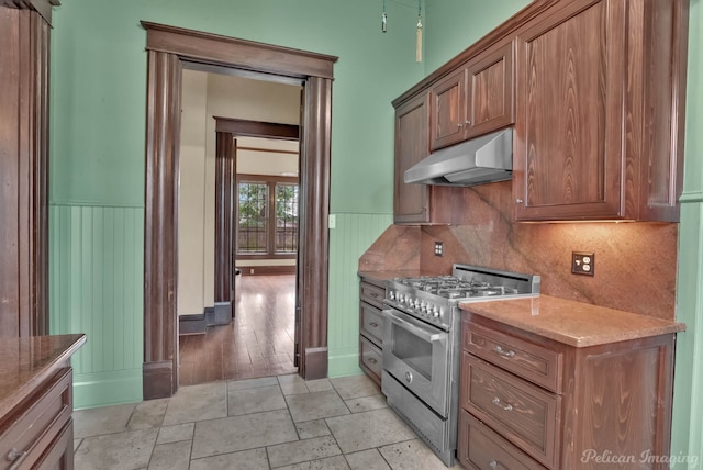 kitchen featuring decorative backsplash and high end stove