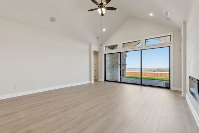 120 Bristol Ln, Azle, TX 76020 - unfurnished room featuring light wood-style flooring, high vaulted ceiling, a ceiling fan, and recessed lighting