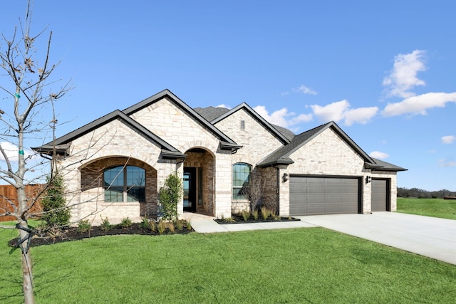 120 Bristol Ln, Azle, TX 76020 - french provincial home featuring concrete driveway, an attached garage, a front yard, brick siding, and stone siding