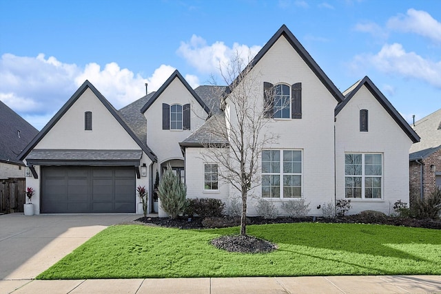 french provincial home featuring a garage and a front lawn