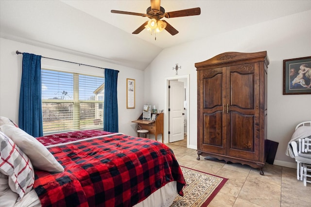 bedroom featuring lofted ceiling and ceiling fan