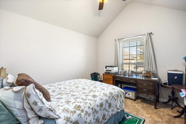 bedroom featuring ceiling fan and vaulted ceiling