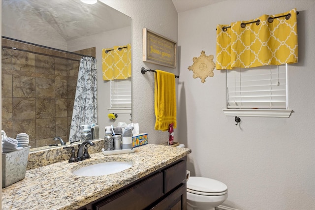 bathroom featuring a shower with curtain, vanity, and toilet