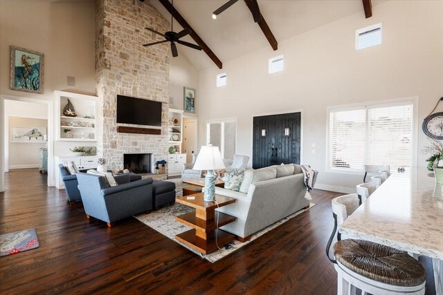 rec room featuring ceiling fan, dark wood-type flooring, billiards, and beamed ceiling