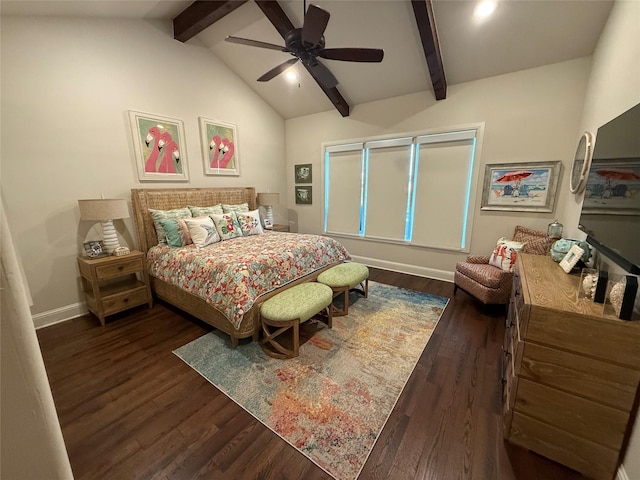 bedroom with dark hardwood / wood-style flooring, vaulted ceiling with beams, and ceiling fan