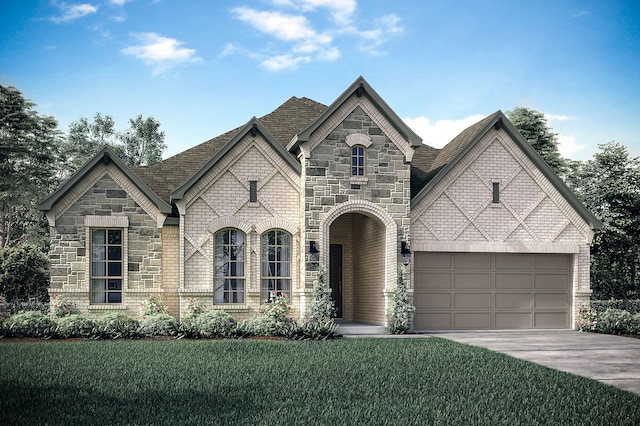 french country style house featuring a garage and a front yard