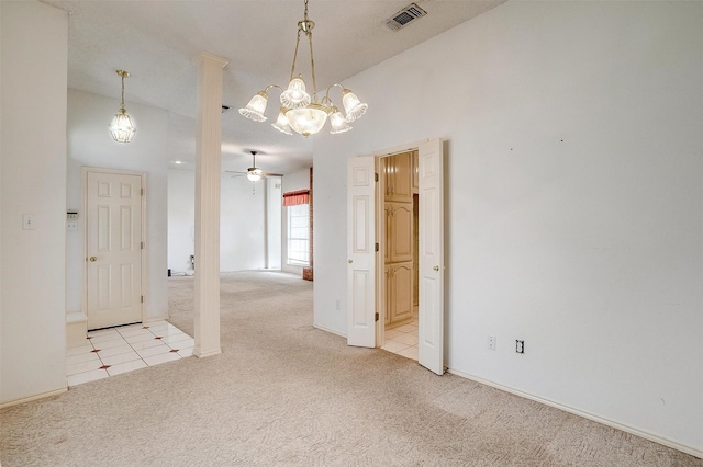 spare room with high vaulted ceiling, light carpet, and ceiling fan