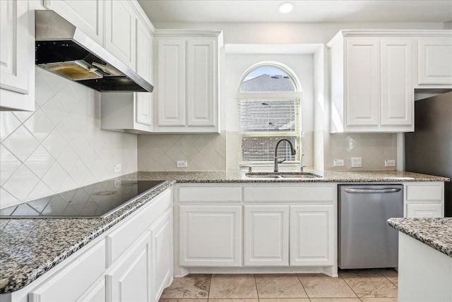 kitchen featuring white cabinetry, stainless steel dishwasher, and black electric stovetop