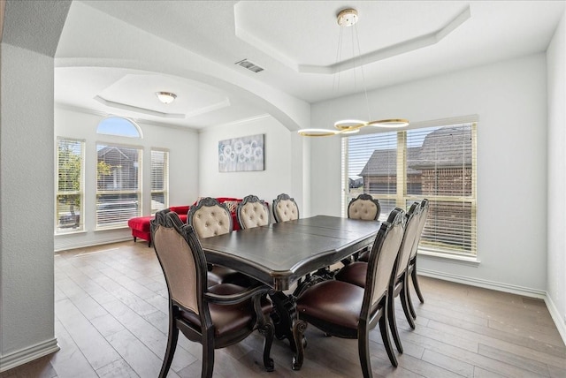 dining room with wood-type flooring, a tray ceiling, and a wealth of natural light