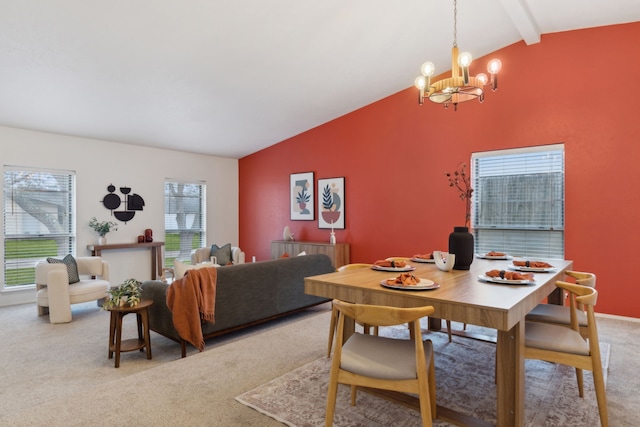 dining area with light carpet, baseboards, a notable chandelier, and vaulted ceiling with beams