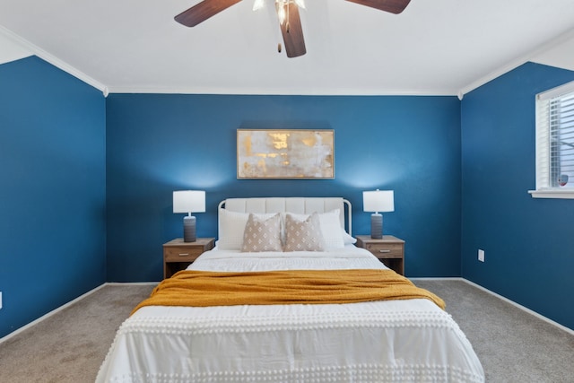 bedroom with carpet floors, ornamental molding, and baseboards