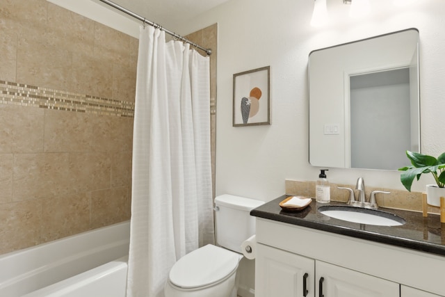 full bathroom with toilet, vanity, and shower / bathtub combination with curtain