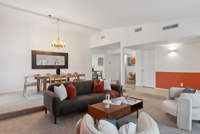 living room with beamed ceiling, high vaulted ceiling, carpet, and a notable chandelier