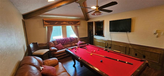 rec room featuring dark hardwood / wood-style floors, lofted ceiling with beams, pool table, ceiling fan, and a textured ceiling