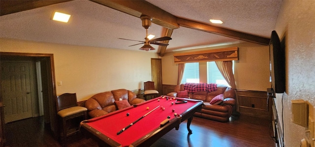 rec room featuring billiards, lofted ceiling with beams, a textured ceiling, dark hardwood / wood-style floors, and ceiling fan