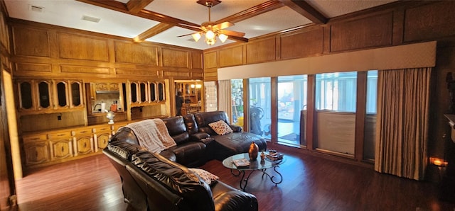 living room featuring ceiling fan, wooden walls, coffered ceiling, and hardwood / wood-style floors