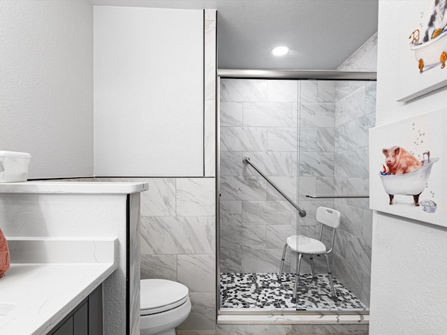 bathroom featuring vanity, a shower with shower door, and toilet