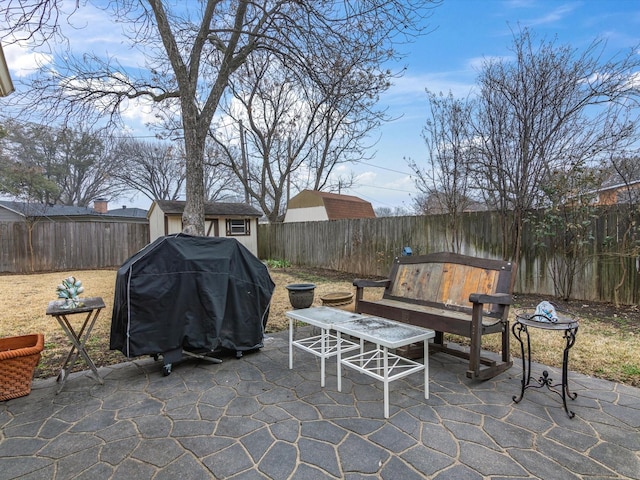 view of patio / terrace with a grill and a shed