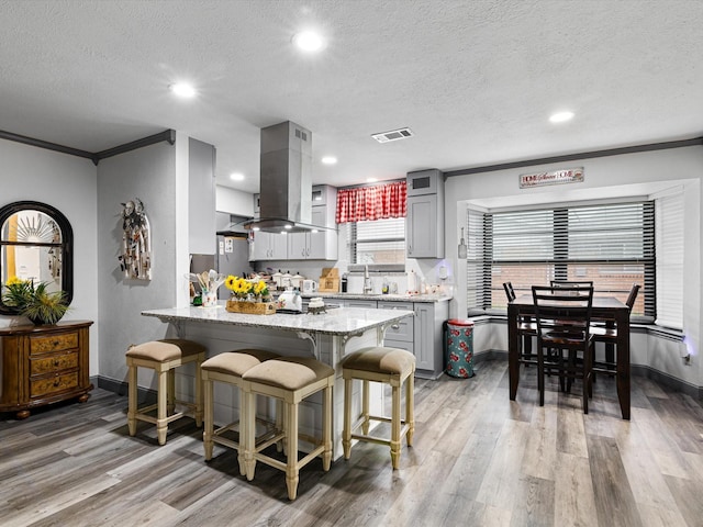 kitchen featuring island range hood, a kitchen bar, light hardwood / wood-style flooring, and gray cabinetry