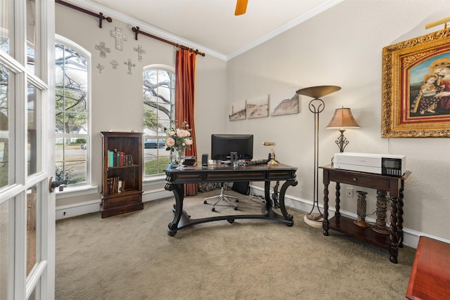 office with crown molding and carpet flooring