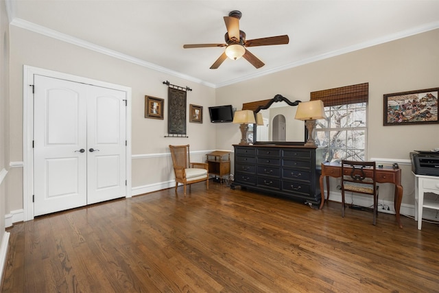 interior space featuring ornamental molding, ceiling fan, and dark hardwood / wood-style flooring