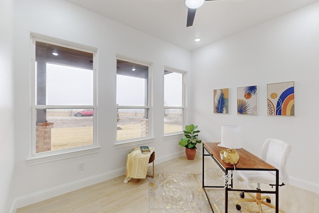 office space with light hardwood / wood-style flooring and ceiling fan