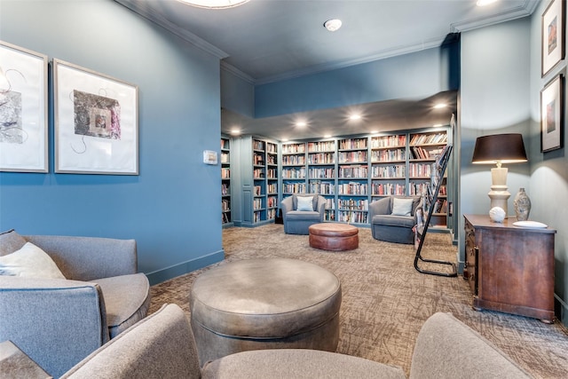 living area featuring crown molding, carpet, and built in features