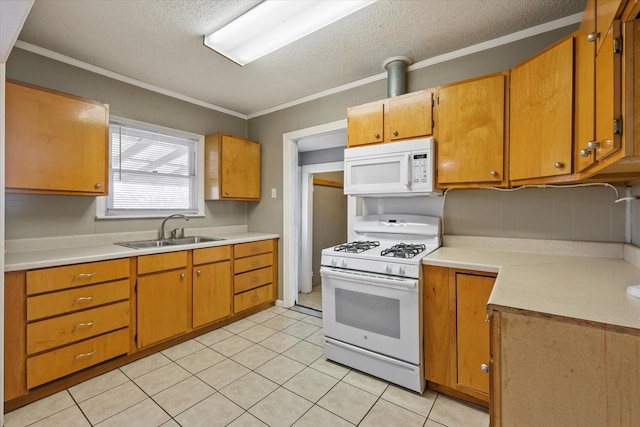 kitchen with light tile patterned flooring, sink, a textured ceiling, ornamental molding, and white appliances