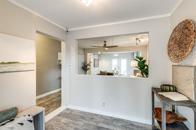 kitchen with ceiling fan, ornamental molding, and hardwood / wood-style floors