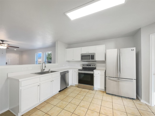 kitchen with white cabinetry, sink, light tile patterned flooring, and appliances with stainless steel finishes