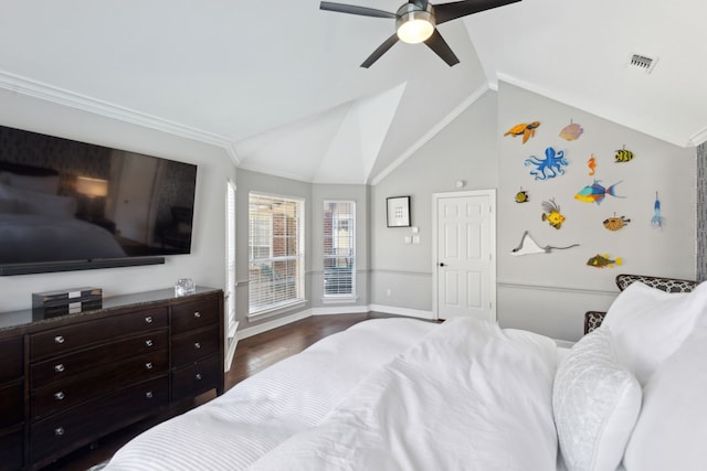 bedroom featuring ornamental molding, lofted ceiling, hardwood / wood-style floors, and ceiling fan