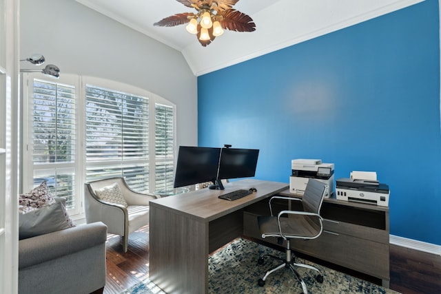 office featuring dark wood-type flooring, ceiling fan, crown molding, and vaulted ceiling