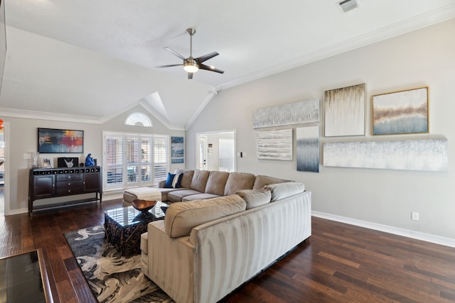 living room with ceiling fan, lofted ceiling, ornamental molding, and dark hardwood / wood-style flooring