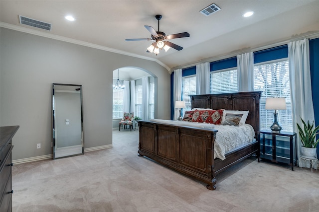 bedroom with ornamental molding, ceiling fan with notable chandelier, and light carpet