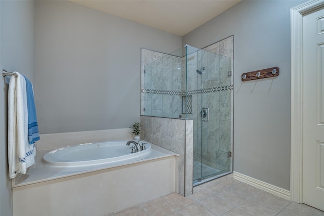 bathroom with tile patterned flooring and plus walk in shower