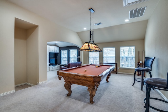 rec room featuring light colored carpet, lofted ceiling, pool table, and plenty of natural light