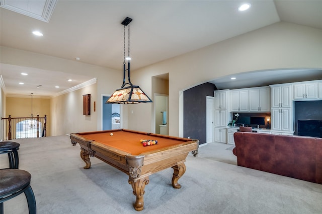 playroom with ornamental molding, vaulted ceiling, light carpet, and billiards