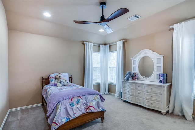 carpeted bedroom with ceiling fan