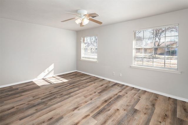 empty room with ceiling fan, a wealth of natural light, and wood-type flooring